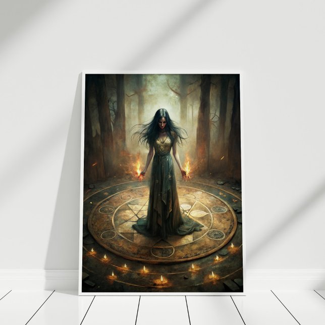 Bruxa da Lua Escura - Poster de Muro do Círculo Ri (Dark Moon Witch – Ritual Circle Wall Poster in a white frame)