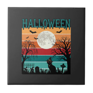 Bruxa de Halloween Gato Teia de Aranha Lua Cemitér