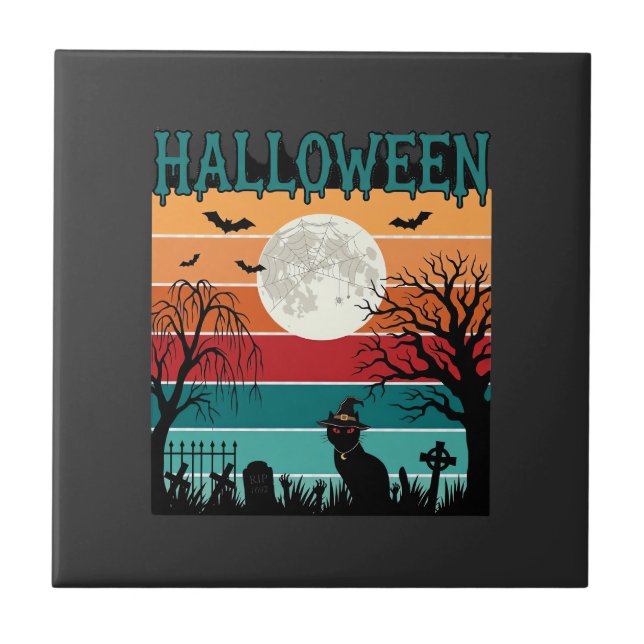 Bruxa de Halloween Gato Teia de Aranha Lua Cemitér (Frente)