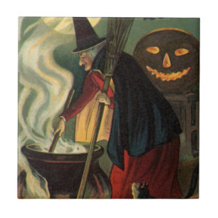 Bruxa de Halloween Vintage Mexendo Caldeirão Mágic