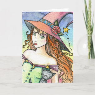 Bruxa Gato Malhado Cinza Cartão de Nota por Molly
