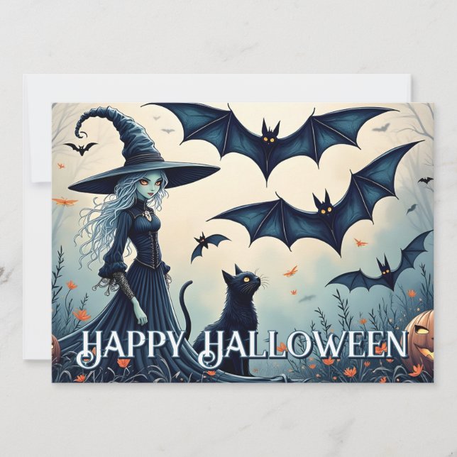 Bruxa, Gato Negro e Morcegos no Céu Negro (Frente)