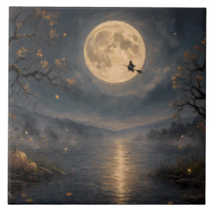 Bruxa sob a Lua Cheia no Lago de Halloween Gótico