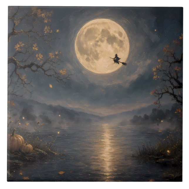 Bruxa sob a Lua Cheia no Lago de Halloween Gótico (Frente)