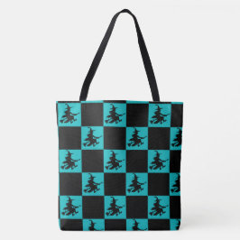 Bruxa Voadora Bolsa Tote Xadrez Preto e Azul Turqu