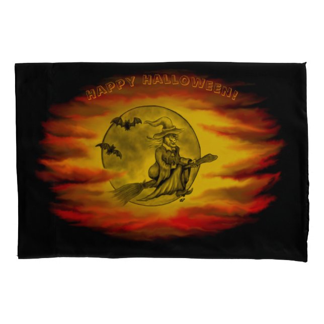 bruxa voadora com gato preto, noite de halloween (Frente)