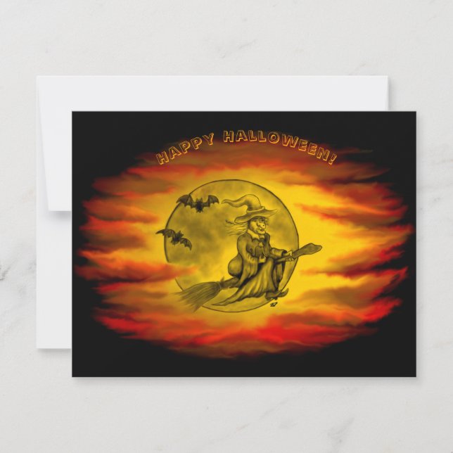 bruxa voadora com gato preto, noite de halloween (Frente)