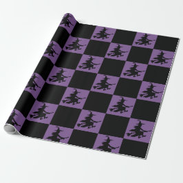 Bruxas pretas em papel de embrulho xadrez roxo