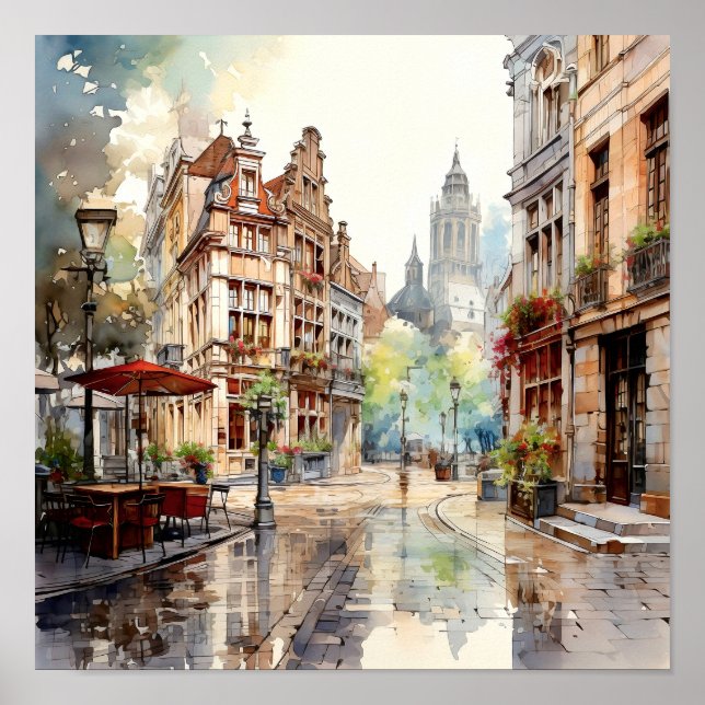 Bruxelas Bélgica Viagem Watercolor Art Impressão (Frente)