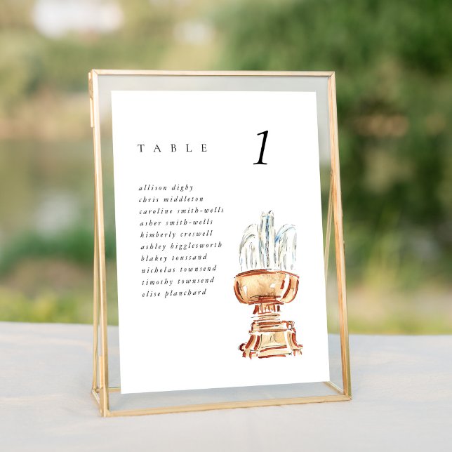 Bryant Park Fountain NYC Wedsing Seating Chart (Watercolor Bryant Park Fountain New York City wedding table number seating chart sign.)