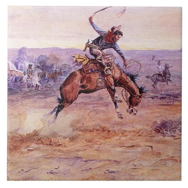 "Bucking Bronco" Cowboy Art de Charles Russell (Frente)