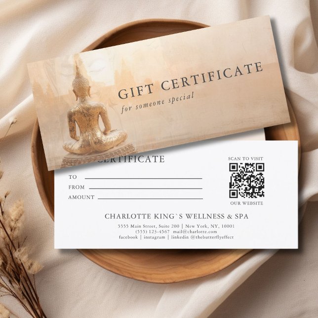 Buda Dourado –  Certificado de Presente QR Code Sa (Golden Buddha – Yoga Reiki Salon Massage Wellness & more Custom QR Code Gift Certificate)