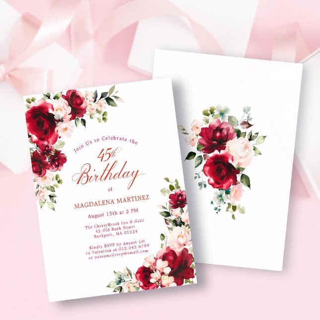 BUDGET 45th Birthday Red Pink Rose Invitation (Criador carregado)