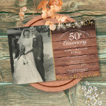 Budget 50th Anniversary Rustic Photo Invitation<br><div class="desc">A budget 50th wedding anniversary invitation featuring string lights and delicate golden love hearts confetti on a rustic wood background. Personalize with your favorite wedding photo and your special 50th golden wedding anniversary celebration details in chic typography. Designed by Thisisnotme©</div>