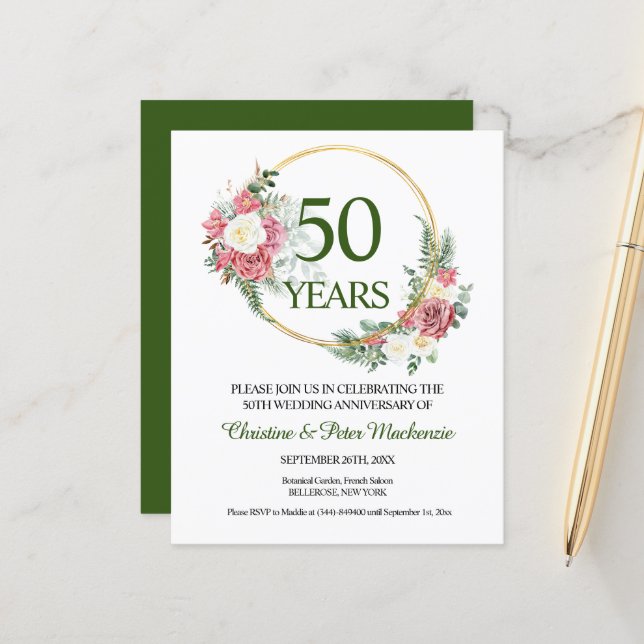 Budget 50th Gold Wedding Anniversary Invitation (Frente/Verso In Situ)