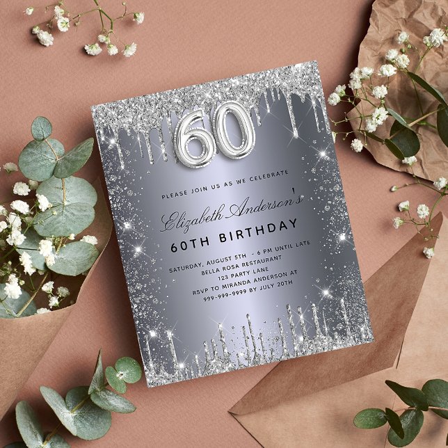 Budget 60th birthday silver glitter invitation (Criador carregado)