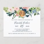 Budget 90th floral birthday party Invitation Flyer<br><div class="desc">Peach cream, blush pink, ivory and navy blue bohemian pastel flowers bouquets with sage green greenery foliage and a round faux metallic gold copper glitter circle making a modern glam horizontal BUDGET affordable feminine ninetieth milestone ninety and fabulous / any age birthday party invitation FLYER with a trendy chic fully...</div>