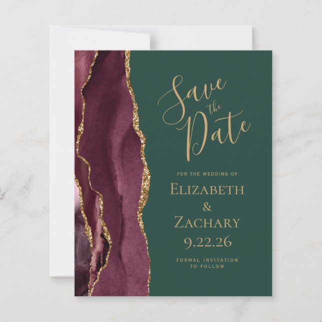 Budget Agate Burgundy Gold Green Save the Date (Frente)