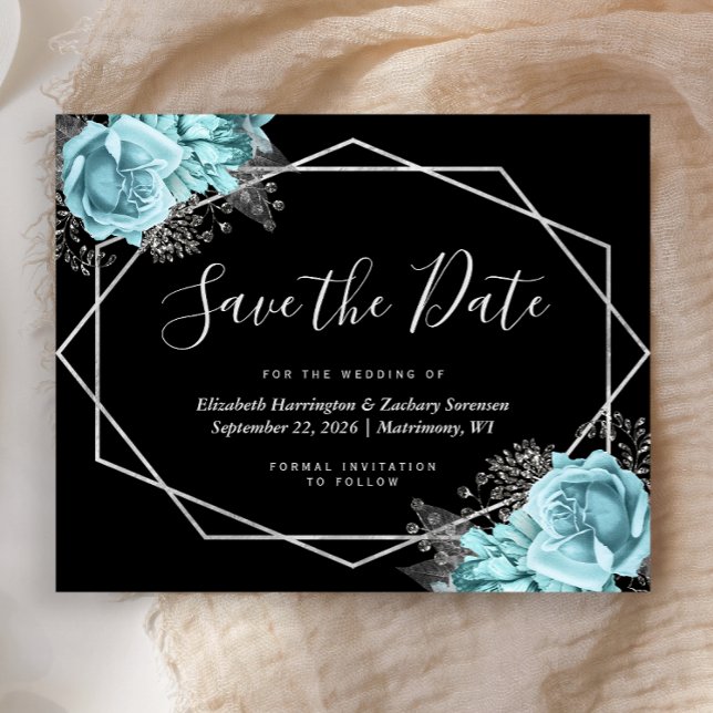 Budget Aqua Floral Black Wedding Save the Date (Criador carregado)