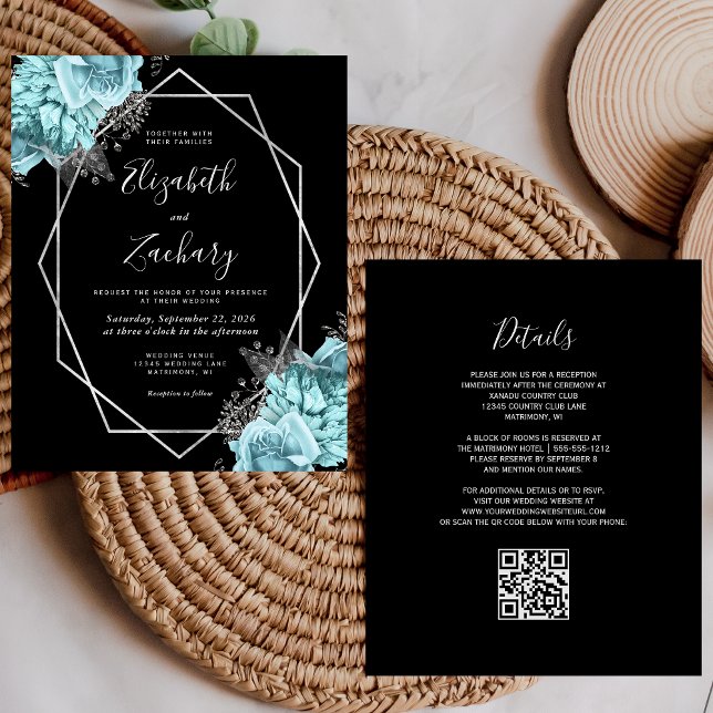 Budget Aqua Silver Floral Black QR Code Wedding (Criador carregado)