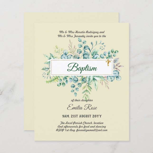 BUDGET Baptism Bautizo Bautismo GREENERInvites (Frente/Verso)