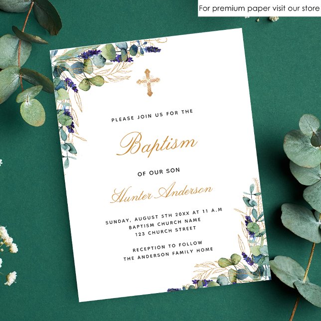 Budget Baptism eucalyptus greenery blue invitation (Criador carregado)