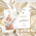 Budget baptism white floral photo thank you<br><div class="desc">A modern and elegant baptism thank you card. A chic white background decorated with a watercolored white floral,  eucalyptus greenery and faux gold leaves.  Personalize and add your photo of the child,  thank you note and name.</div>