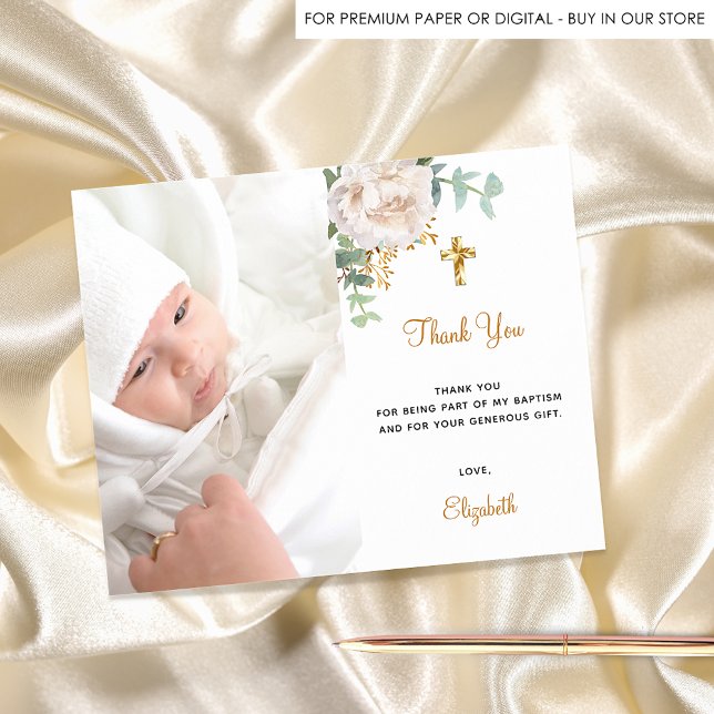 Budget baptism white floral photo thank you (Criador carregado)