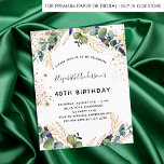 Budget birthday eucalyptus greenery invitation<br><div class="desc">For a 40th (or any age) birthday party. A white background decorated with eucalyptus greenery and golden leaves.Decorated with golden glitter dots. Personalize and add your names and wedding details. Black and golden colored letters.</div>