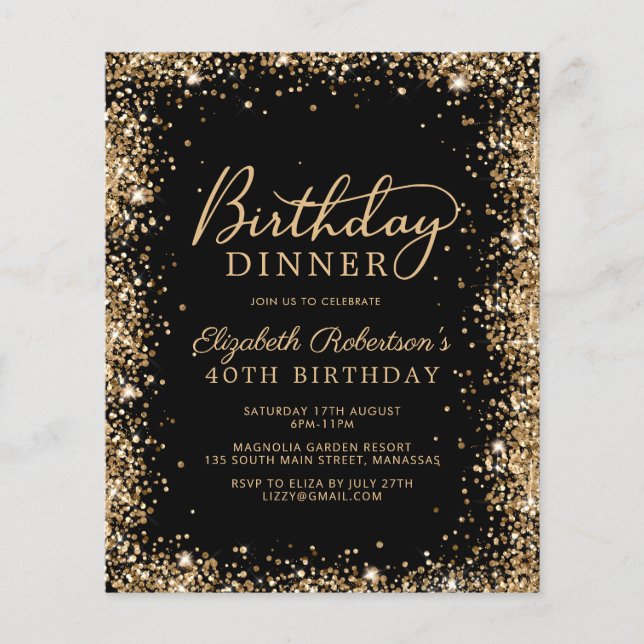 Budget Black Gold 40th Birthday Dinner Invitation (Frente)