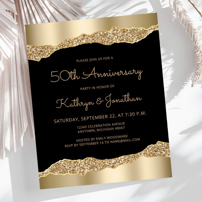 Budget Black Gold Glitter 50th Anniversary Invite (Criador carregado)