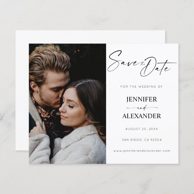 Budget Black & White Calligraphy Save the Date (Frente/Verso)