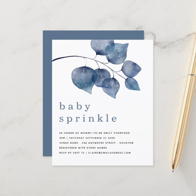 BUDGET Blue Artsy Foliage Baby Sprinkle Invite (Frente/Verso In Situ)