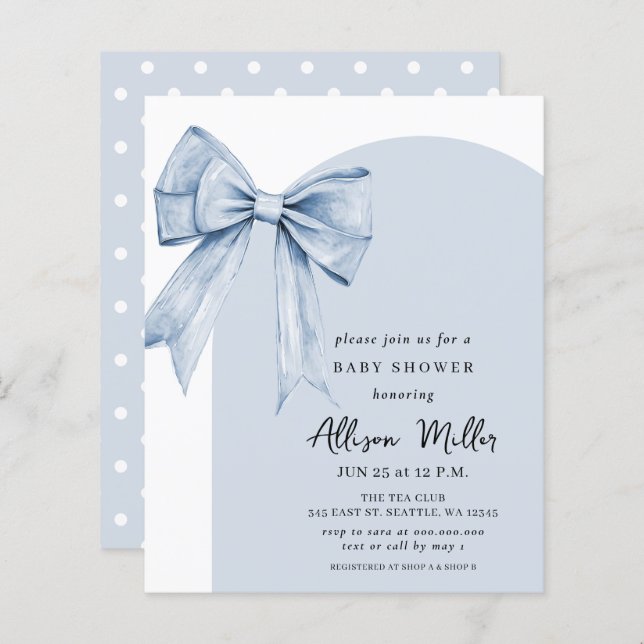 Budget Blue Bow Coquette Boy Baby Shower Invite (Frente/Verso)
