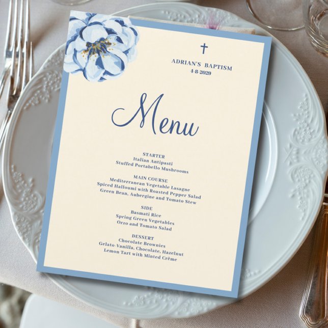 Budget Blue Floral Baby Boy Baptism Menu (Criador carregado)