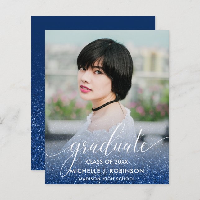 BUDGET BLUE Glitter Ombre Girly Photo Graduação (Frente/Verso)