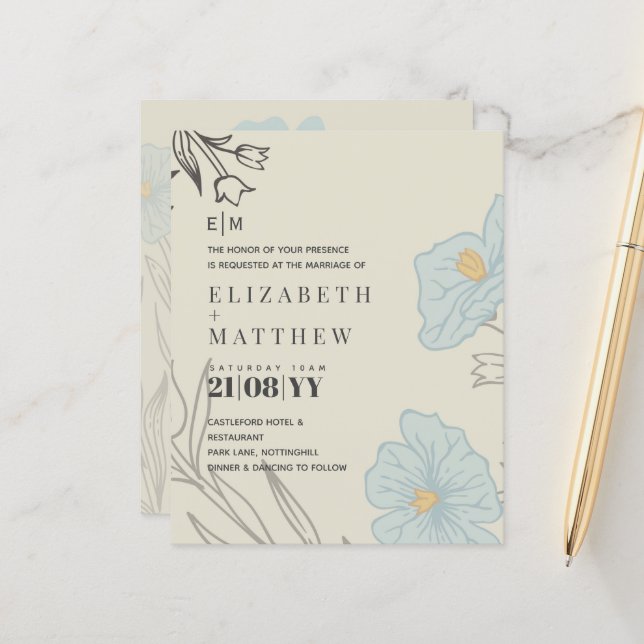 BUDGET Blue Poppy Magnolia Casamento Convite (Frente/Verso In Situ)