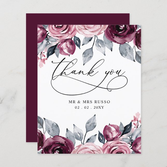 Budget Blush Burgundy Wedding Thank You Card (Frente/Verso)
