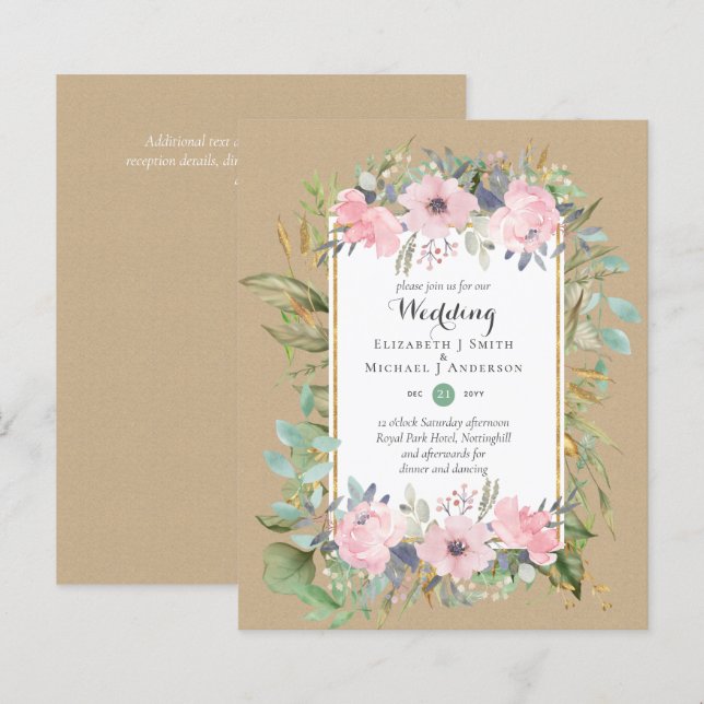 BUDGET Blush Floral Cor-de-rosa Convites (Frente/Verso)