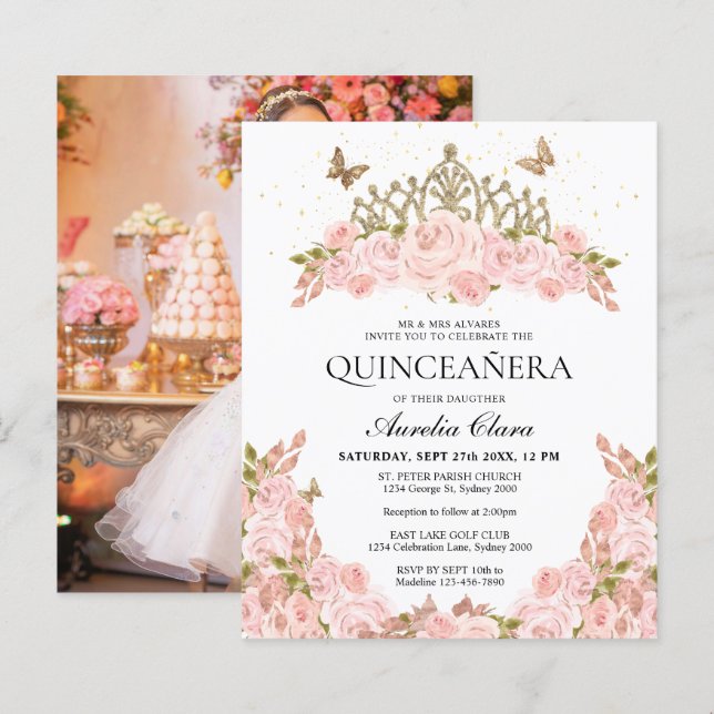 BUDGET Blush Pink Floral Tiara Photo Quinceanera (Frente/Verso)