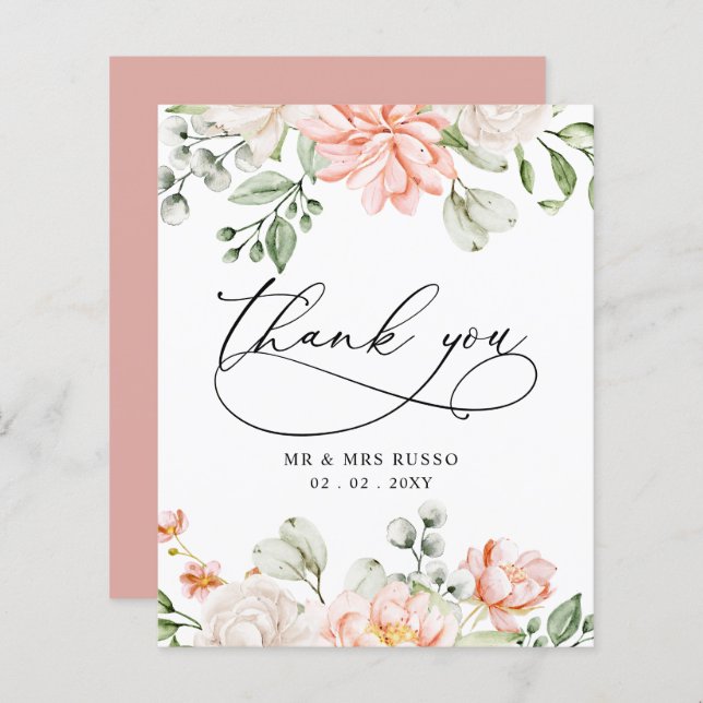Budget Blush Pink Floral Wedding Thank You Card (Frente/Verso)