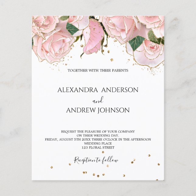 Budget Blush Pink Gold Floral Wedding Invitation (Frente)