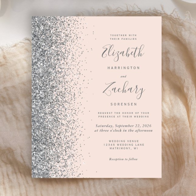 Budget Blush Pink Silver Glitter Wedding Invite (Criador carregado)