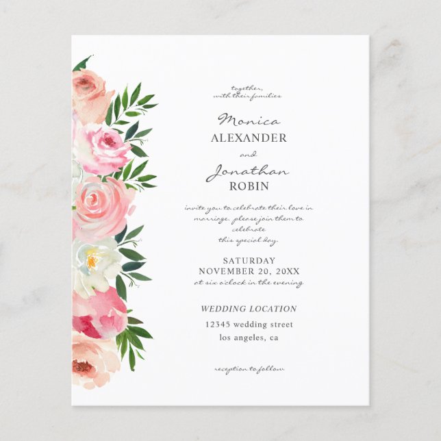 Budget Blush Pink & White Floral Wedding Flyer 2 (Frente)