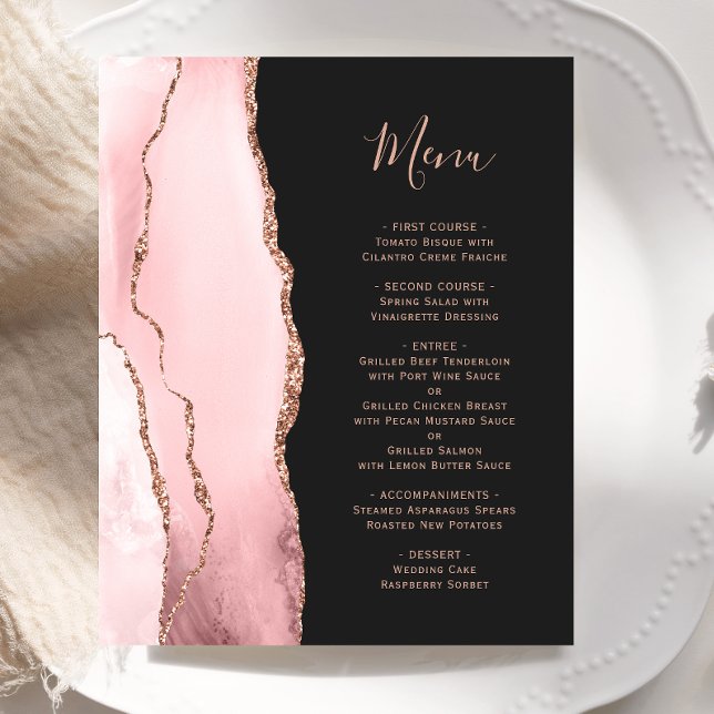 Budget Blush Rose Gold Agate Dark Wedding Menu (Criador carregado)