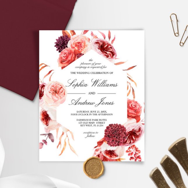 Budget Bohemian Marsala Rose Wedding Invitation (Criador carregado)