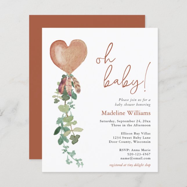 BUDGET Boho Balão Verde Chá de fraldas Convite (Frente/Verso)