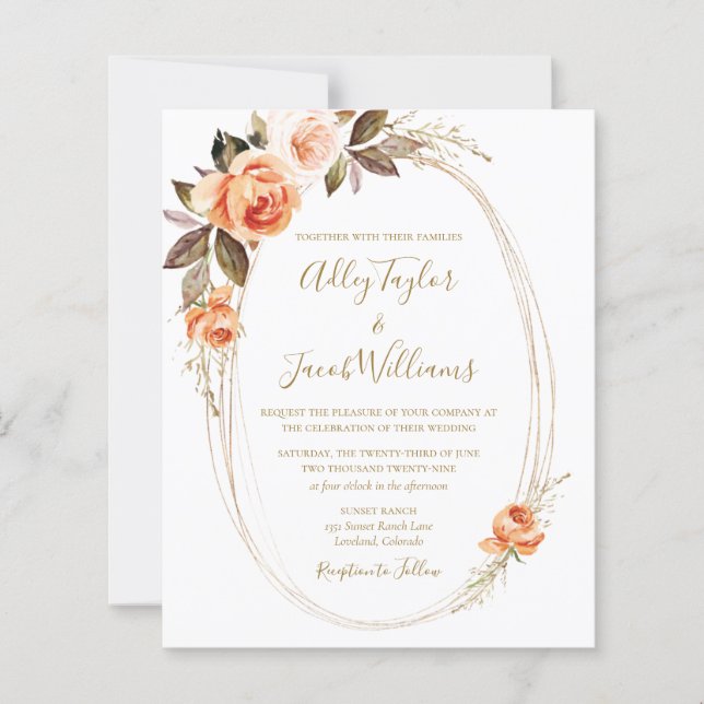 Budget Boho Fall Floral Orange Wedding Invitation (Frente)