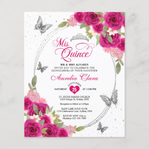 BUDGET Borboleta de Prata Rosa Floral Quinceañera