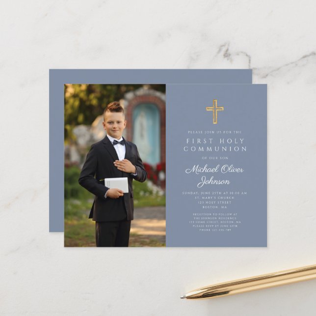 Budget Boy Dusty Blue Cross Foto Primeira Comunhão (Frente/Verso In Situ)